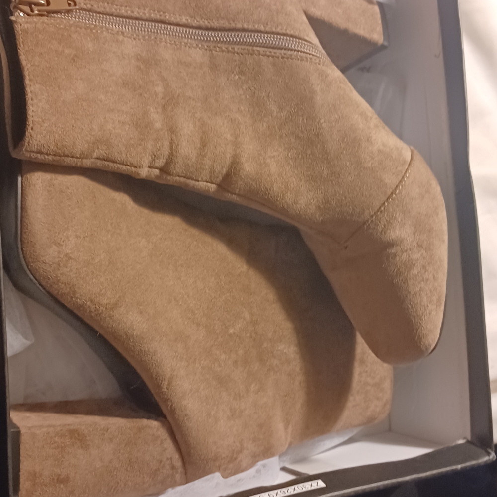 Lulu's Tan Heeled Boots with Elegant Design 3.5 inch heel worn 2xs